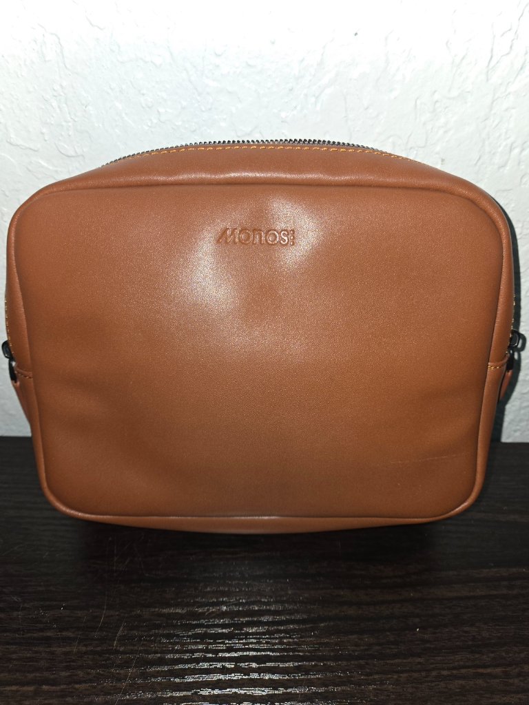 Monos Metro Vegan Leather Cosmetic Toiletry Case Saddle Tan Travel Bag Euc — image 5 of 8